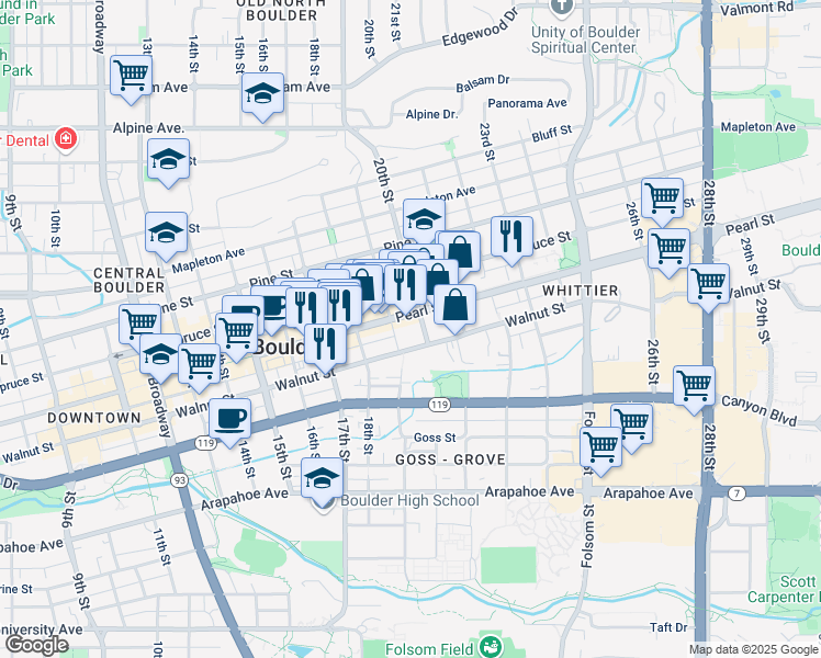map of restaurants, bars, coffee shops, grocery stores, and more near in Boulder