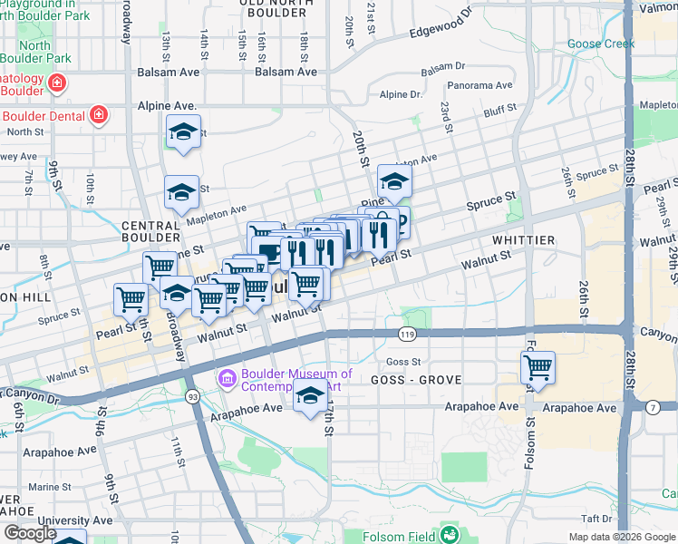 map of restaurants, bars, coffee shops, grocery stores, and more near 1825 Pearl Street in Boulder