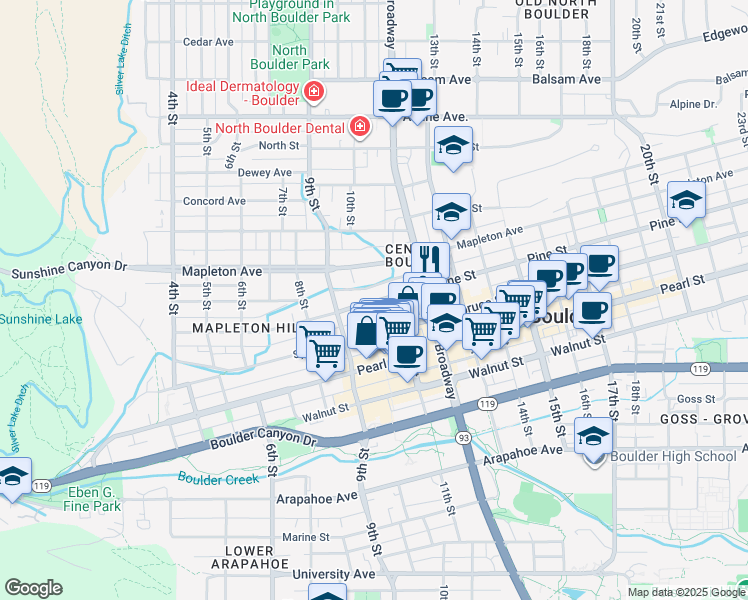map of restaurants, bars, coffee shops, grocery stores, and more near 1002 Mapleton Avenue in Boulder