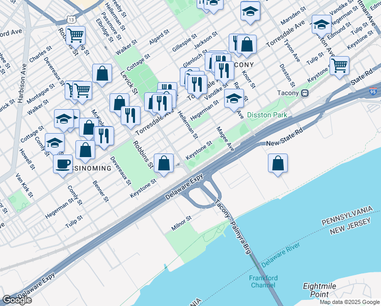 map of restaurants, bars, coffee shops, grocery stores, and more near 6420 Tulip Street in Philadelphia