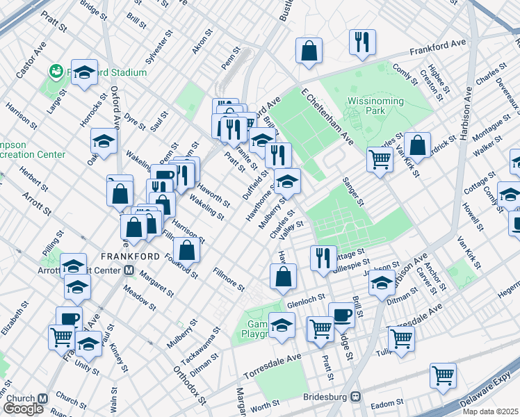 map of restaurants, bars, coffee shops, grocery stores, and more near 5101 Hawthorne Street in Philadelphia