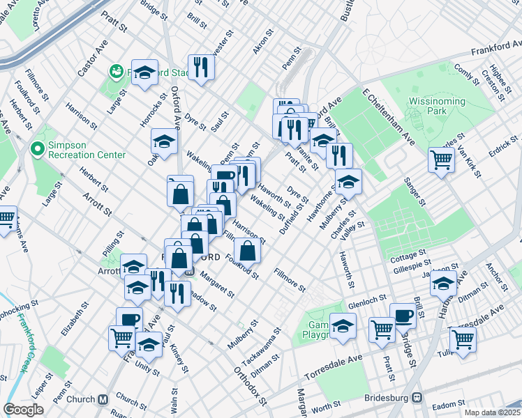 map of restaurants, bars, coffee shops, grocery stores, and more near 1623 Wakeling Street in Philadelphia