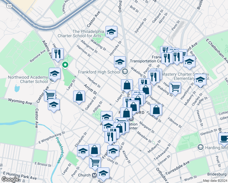 map of restaurants, bars, coffee shops, grocery stores, and more near 1358 Fillmore Street in Philadelphia