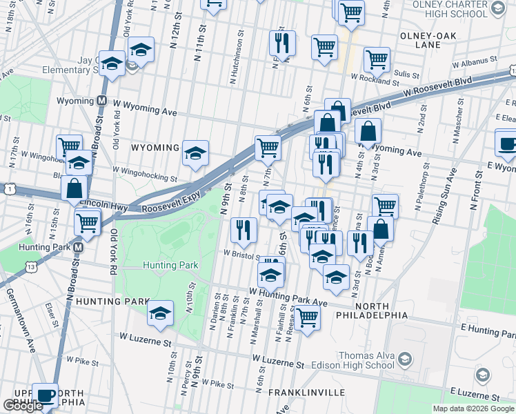 map of restaurants, bars, coffee shops, grocery stores, and more near 704 West Wingohocking Street in Philadelphia