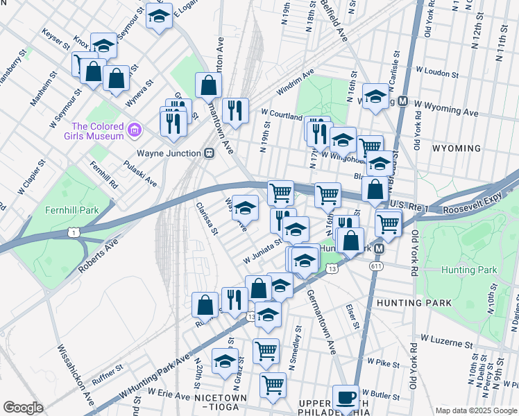 map of restaurants, bars, coffee shops, grocery stores, and more near 1924 Dennie Street in Philadelphia