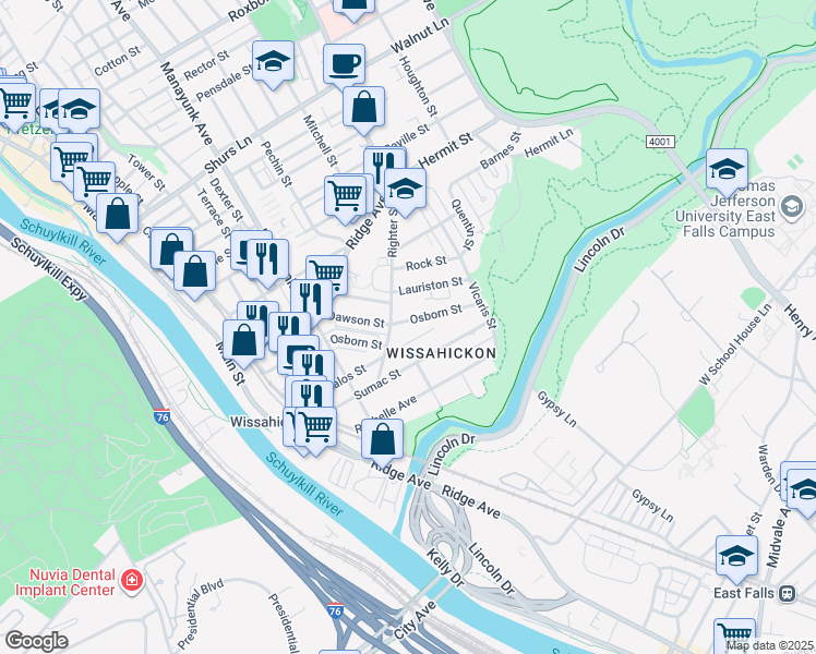 map of restaurants, bars, coffee shops, grocery stores, and more near 217 Osborn Street in Philadelphia