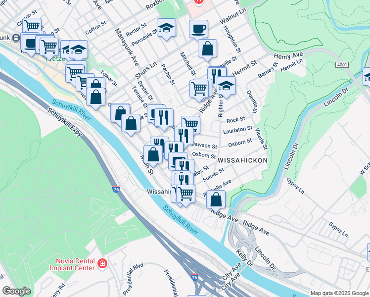 map of restaurants, bars, coffee shops, grocery stores, and more near 5243 Ridge Avenue in Philadelphia