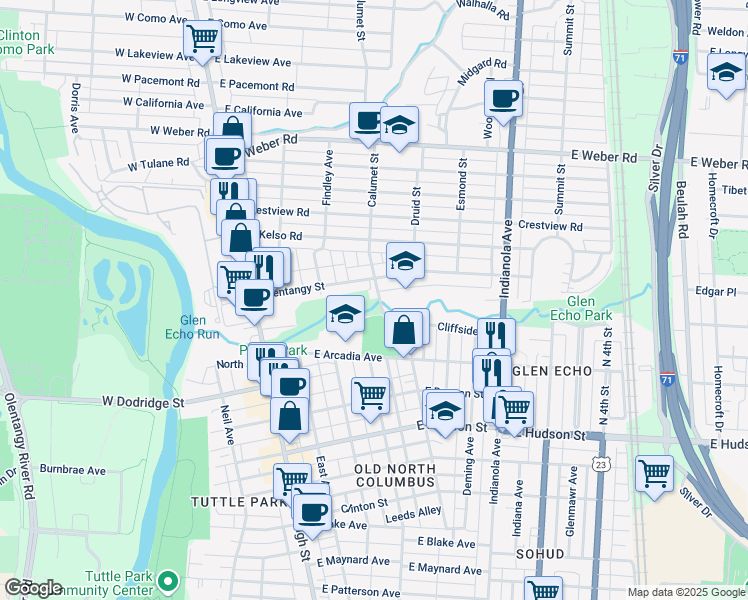 map of restaurants, bars, coffee shops, grocery stores, and more near 205 Olentangy Street in Columbus