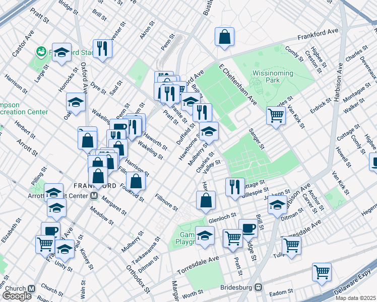 map of restaurants, bars, coffee shops, grocery stores, and more near 5101 Hawthorne Street in Philadelphia
