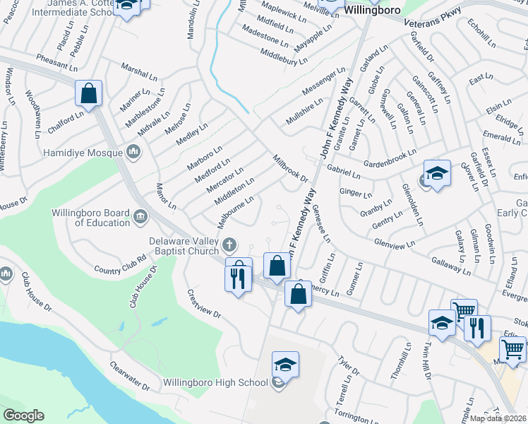 map of restaurants, bars, coffee shops, grocery stores, and more near 34 Mayfair Circle in Willingboro