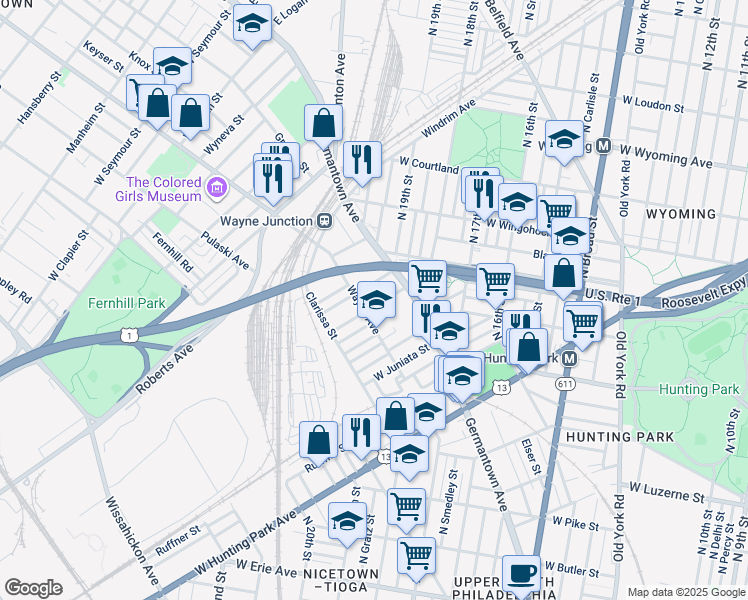 map of restaurants, bars, coffee shops, grocery stores, and more near 1945 Rowan Street in Philadelphia