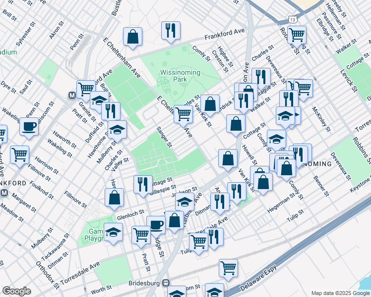 map of restaurants, bars, coffee shops, grocery stores, and more near 5428 Walker Street in Philadelphia