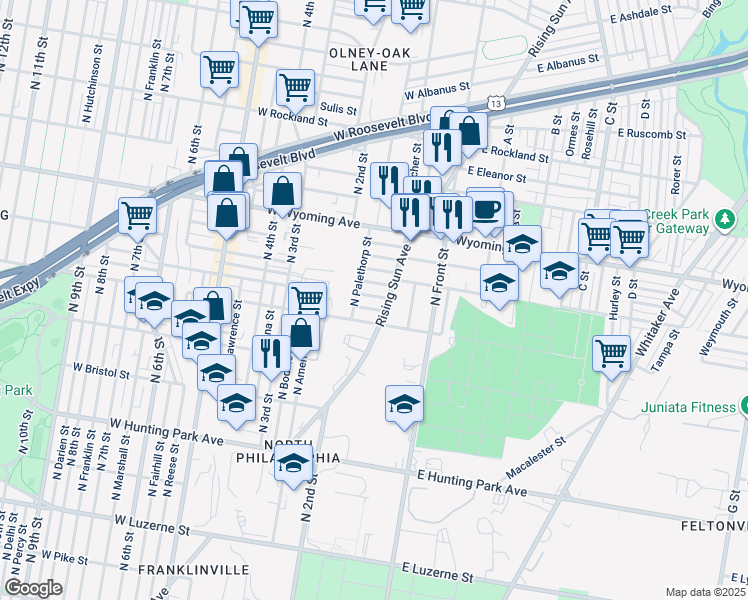 map of restaurants, bars, coffee shops, grocery stores, and more near 172 Saber Street in Philadelphia