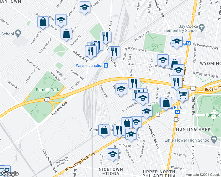 map of restaurants, bars, coffee shops, grocery stores, and more near 2021 Dennie Street in Philadelphia