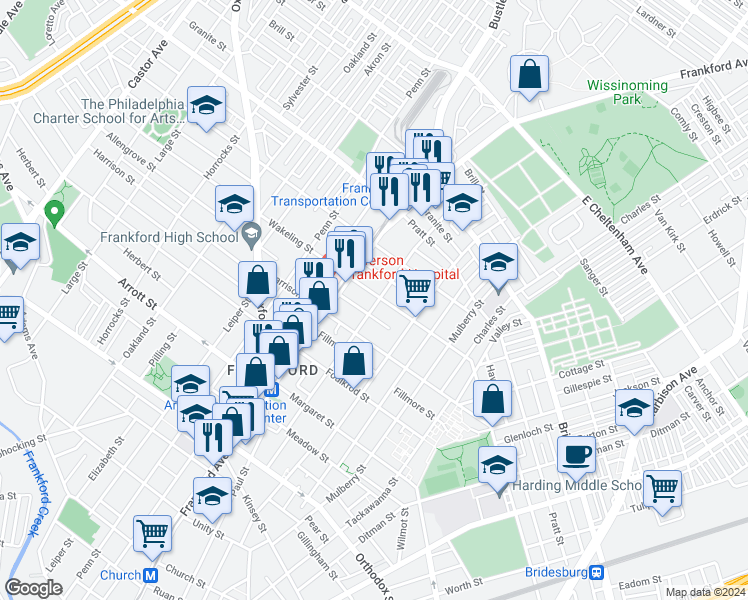 map of restaurants, bars, coffee shops, grocery stores, and more near 1636 Wakeling Street in Philadelphia