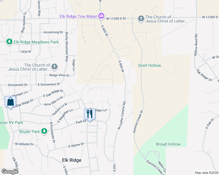 map of restaurants, bars, coffee shops, grocery stores, and more near 708 East Longview Drive in Elk Ridge