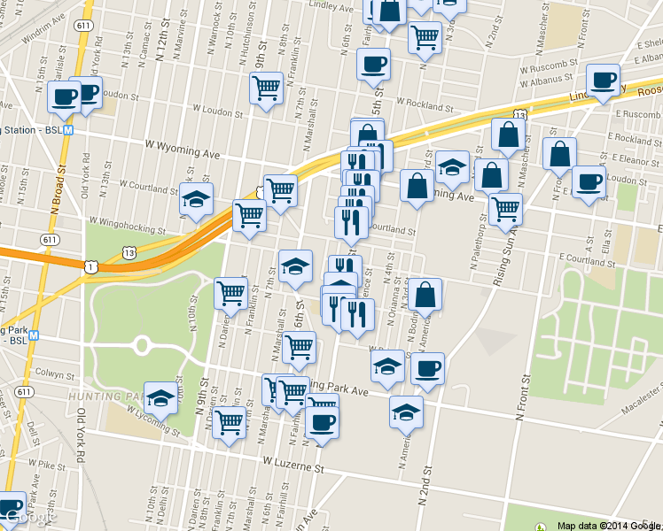 map of restaurants, bars, coffee shops, grocery stores, and more near 4452 North Reese Street in Philadelphia