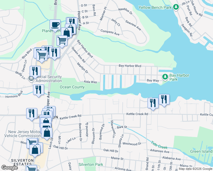 map of restaurants, bars, coffee shops, grocery stores, and more near 12 Homewood Drive in Brick Township