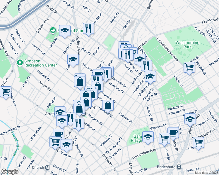 map of restaurants, bars, coffee shops, grocery stores, and more near 1629 Allengrove Street in Philadelphia