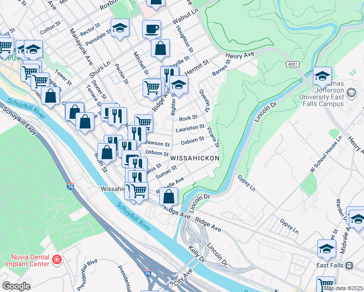 map of restaurants, bars, coffee shops, grocery stores, and more near 216 Osborn Street in Philadelphia