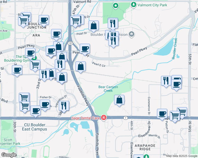 map of restaurants, bars, coffee shops, grocery stores, and more near 4765 Walnut Street in Boulder