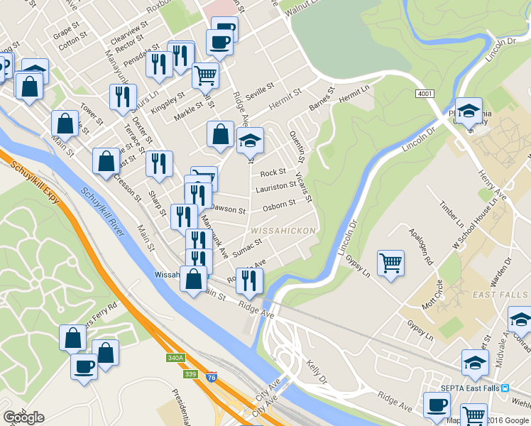 map of restaurants, bars, coffee shops, grocery stores, and more near 218 Osborn Street in Philadelphia