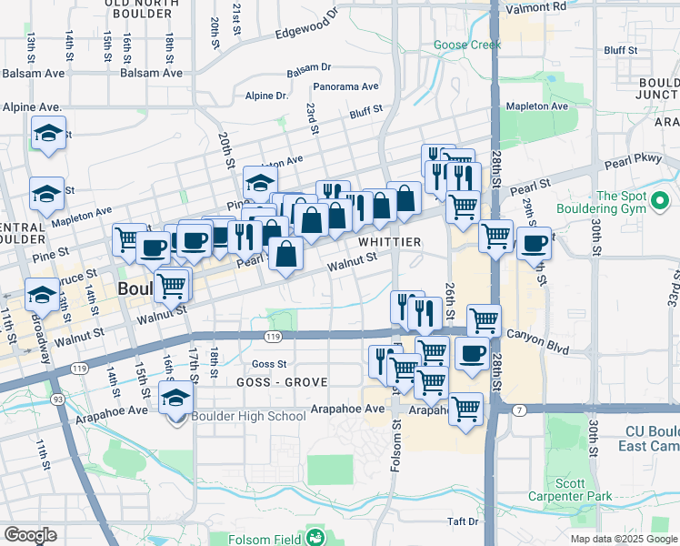 map of restaurants, bars, coffee shops, grocery stores, and more near 2222 Walnut Street in Boulder