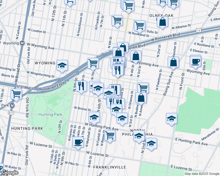 map of restaurants, bars, coffee shops, grocery stores, and more near 4452 North Reese Street in Philadelphia