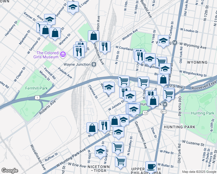 map of restaurants, bars, coffee shops, grocery stores, and more near 1943 Rowan Street in Philadelphia