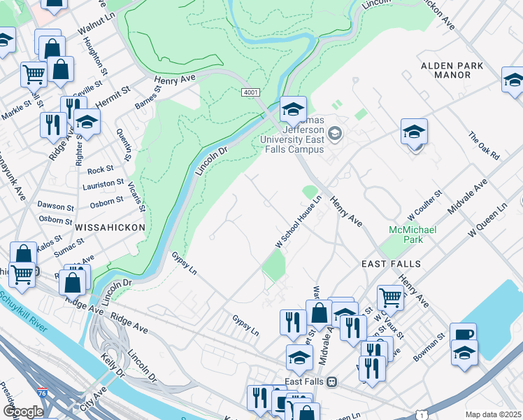map of restaurants, bars, coffee shops, grocery stores, and more near 4100 Timber Lane in Philadelphia