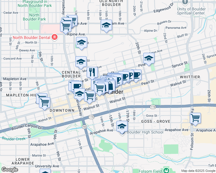 map of restaurants, bars, coffee shops, grocery stores, and more near 1515 Spruce Street in Boulder