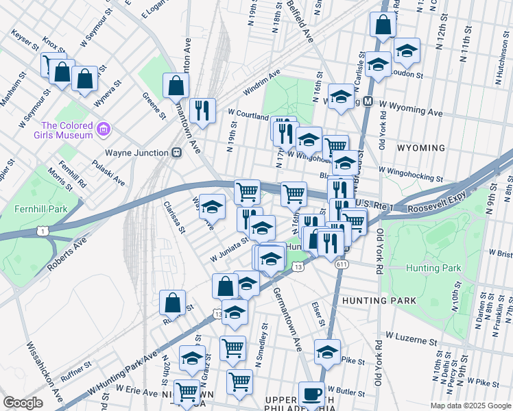 map of restaurants, bars, coffee shops, grocery stores, and more near 1739 Saint Paul Street in Philadelphia