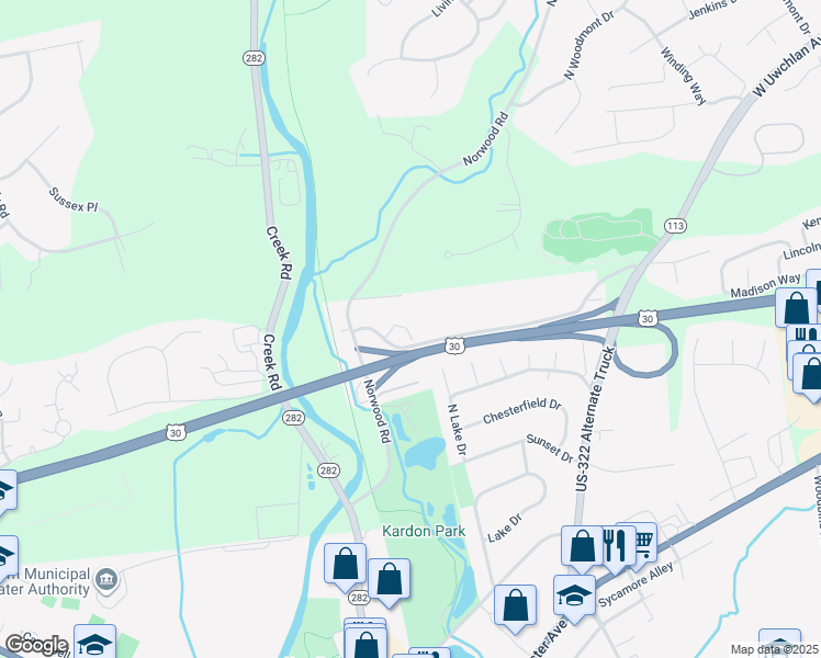 map of restaurants, bars, coffee shops, grocery stores, and more near 525 Norwood House Road in Downingtown