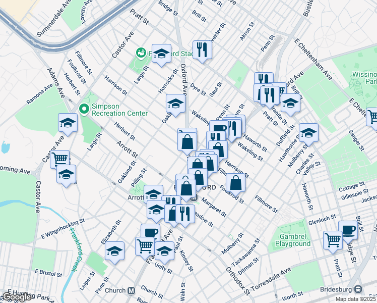 map of restaurants, bars, coffee shops, grocery stores, and more near 4840 Oxford Avenue in Philadelphia
