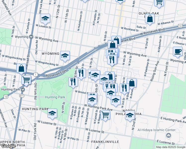 map of restaurants, bars, coffee shops, grocery stores, and more near 4445 North Marshall Street in Philadelphia