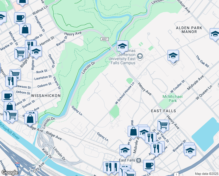map of restaurants, bars, coffee shops, grocery stores, and more near 4100 Timber Lane in Philadelphia