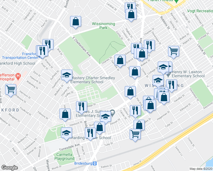 map of restaurants, bars, coffee shops, grocery stores, and more near 5432 Walker Street in Philadelphia