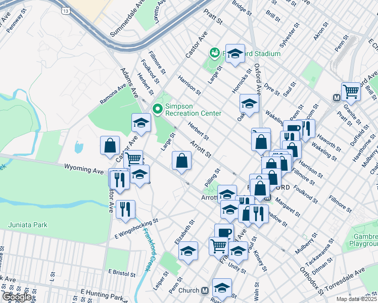 map of restaurants, bars, coffee shops, grocery stores, and more near 1157 Overington Street in Philadelphia