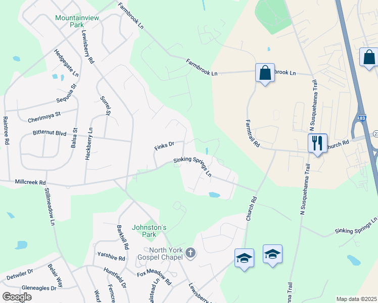 map of restaurants, bars, coffee shops, grocery stores, and more near 3215 Lehr Drive in York