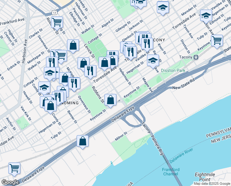 map of restaurants, bars, coffee shops, grocery stores, and more near 6356 Edmund Street in Philadelphia
