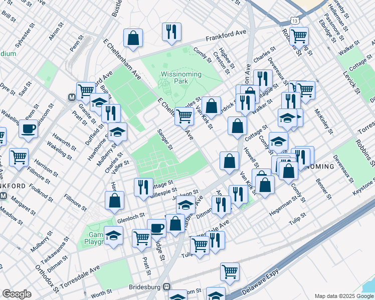map of restaurants, bars, coffee shops, grocery stores, and more near 5432 Walker Street in Philadelphia