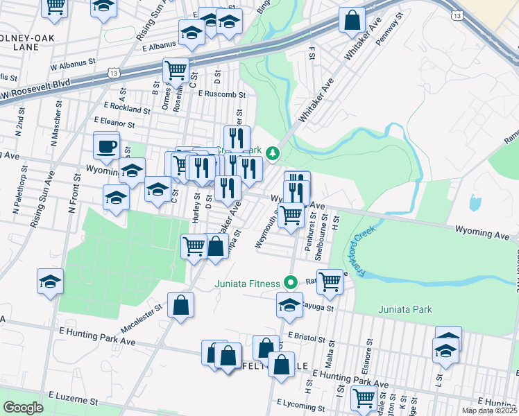map of restaurants, bars, coffee shops, grocery stores, and more near 4651 Tampa Street in Philadelphia