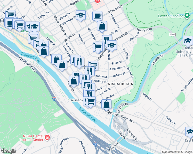 map of restaurants, bars, coffee shops, grocery stores, and more near 326 Dawson Street in Philadelphia