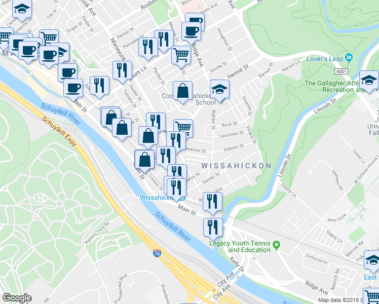 map of restaurants, bars, coffee shops, grocery stores, and more near 326 Dawson Street in Philadelphia