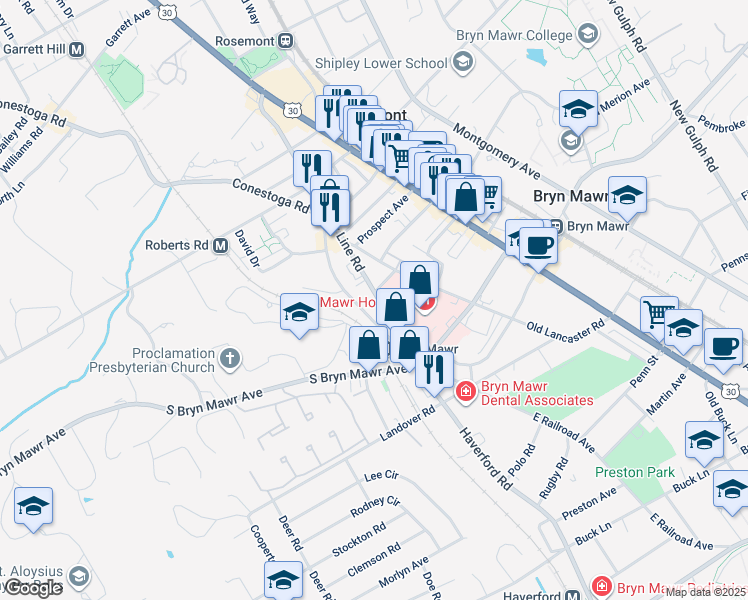 map of restaurants, bars, coffee shops, grocery stores, and more near 908 County Line Road in Bryn Mawr