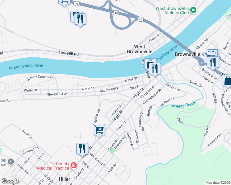 map of restaurants, bars, coffee shops, grocery stores, and more near 600 2nd Street in Brownsville