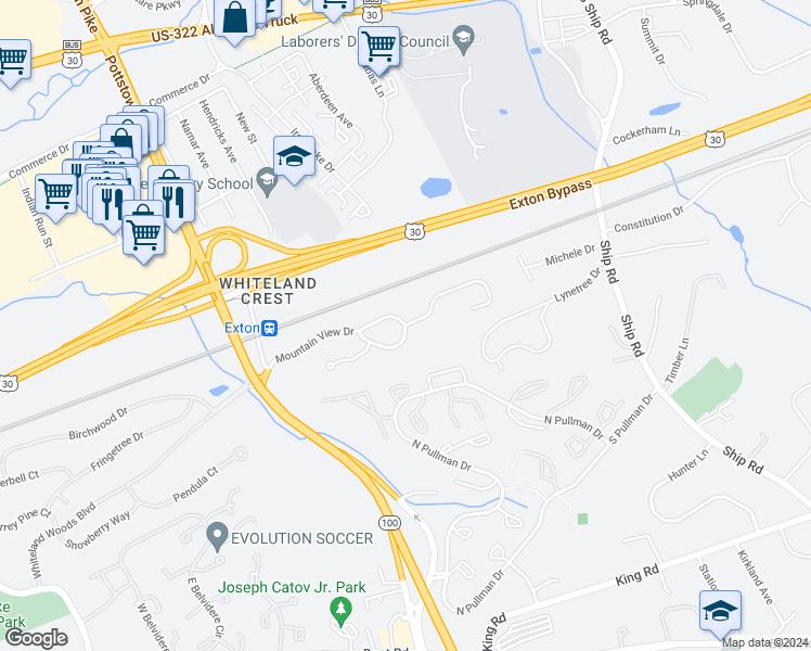 map of restaurants, bars, coffee shops, grocery stores, and more near 198 Tall Pines Drive in West Chester