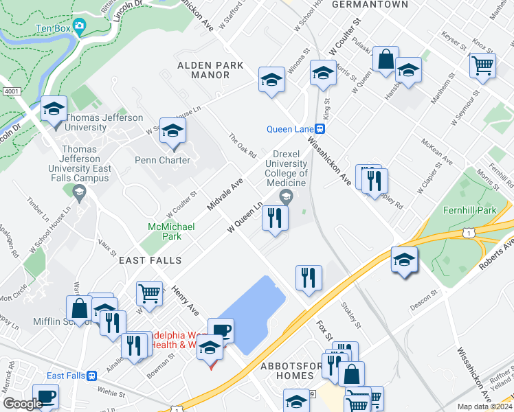 map of restaurants, bars, coffee shops, grocery stores, and more near 3022 West Queen Lane in Philadelphia