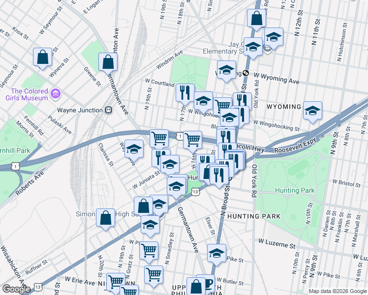 map of restaurants, bars, coffee shops, grocery stores, and more near 1615 Rowan Street in Philadelphia