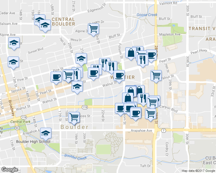 map of restaurants, bars, coffee shops, grocery stores, and more near 2247 Walnut Street in Boulder